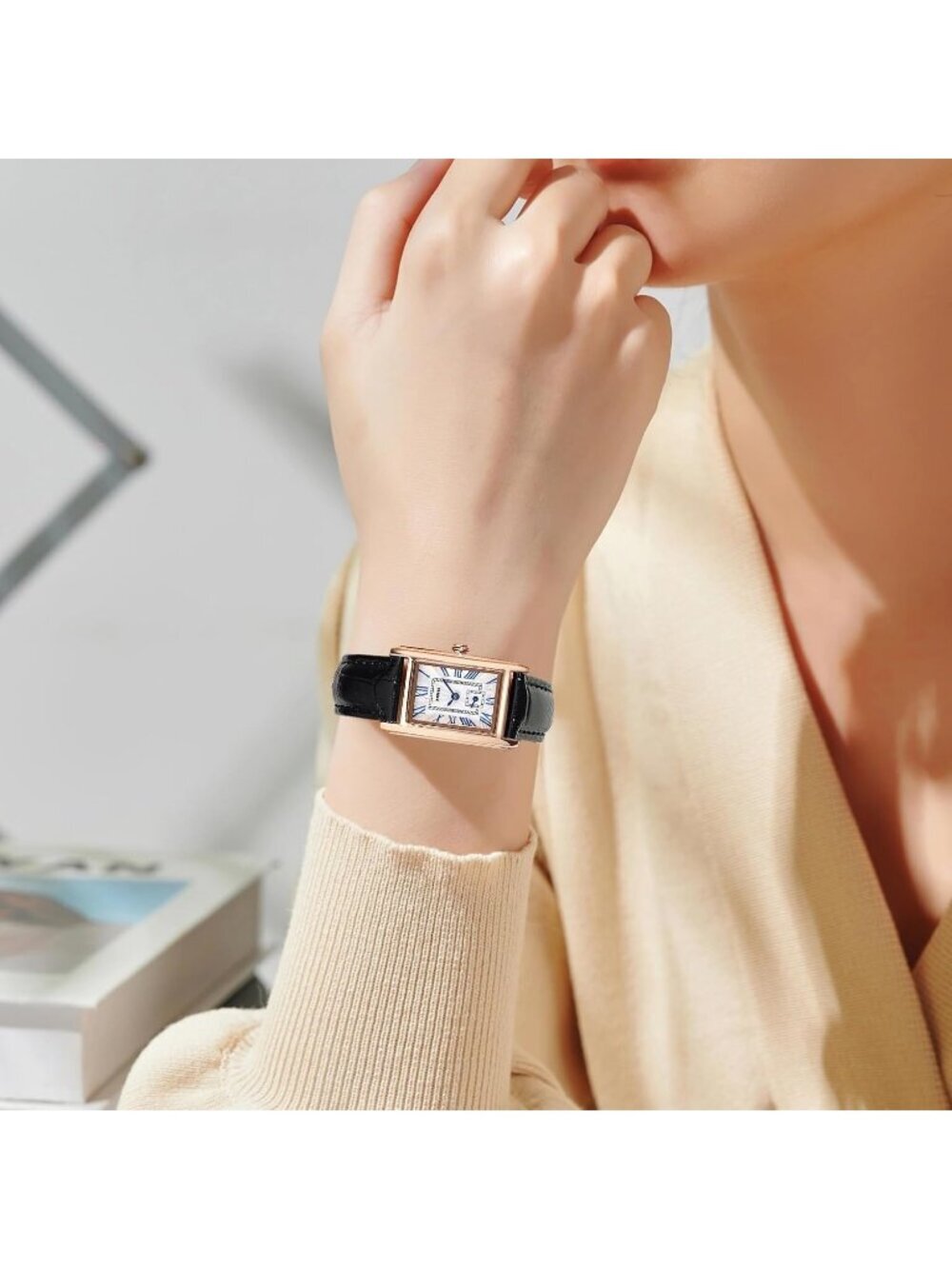 Women's Black Rose Gold Analog Ultra-Thin Rectangle Vintage Square Wrist Watch - Picture 5 of 6